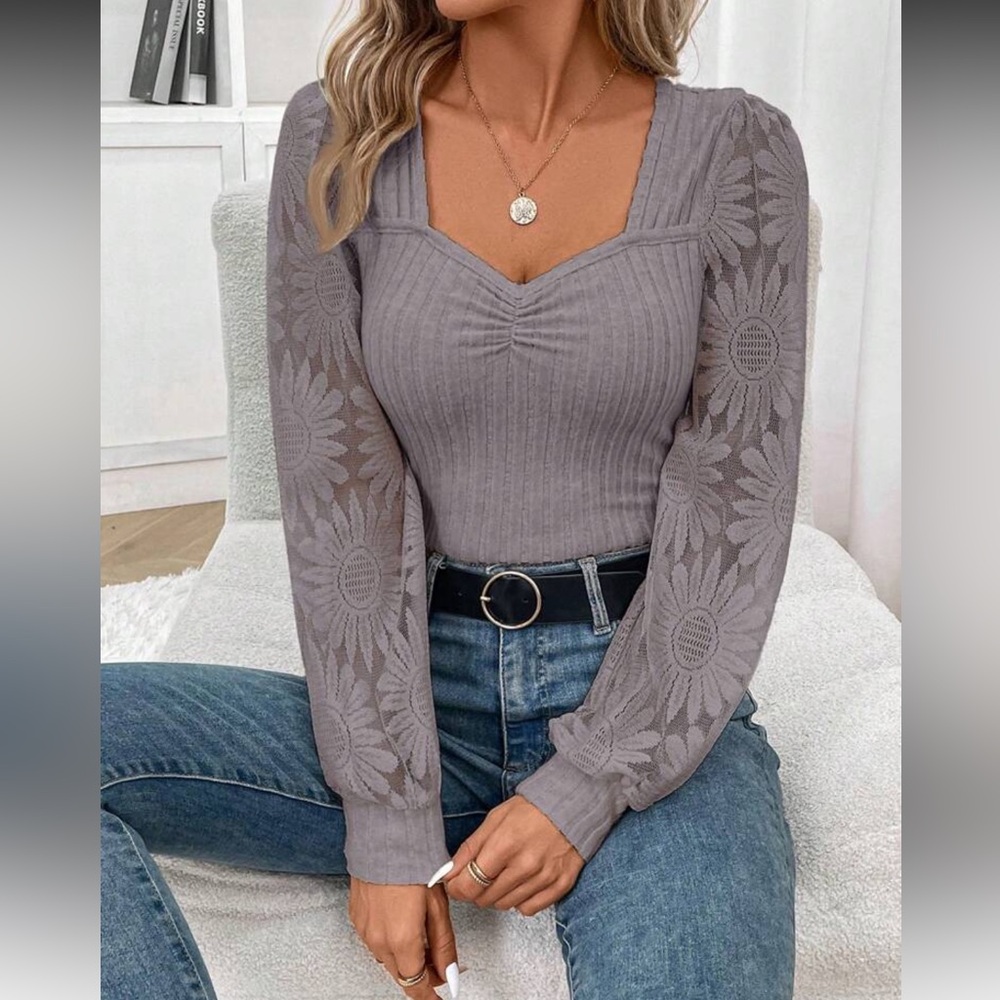 Light Gray Floral Sleeve Ribbed Sweater